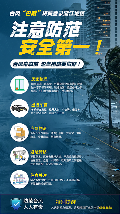 台风最新资讯通知防范注意事项提醒手机海报