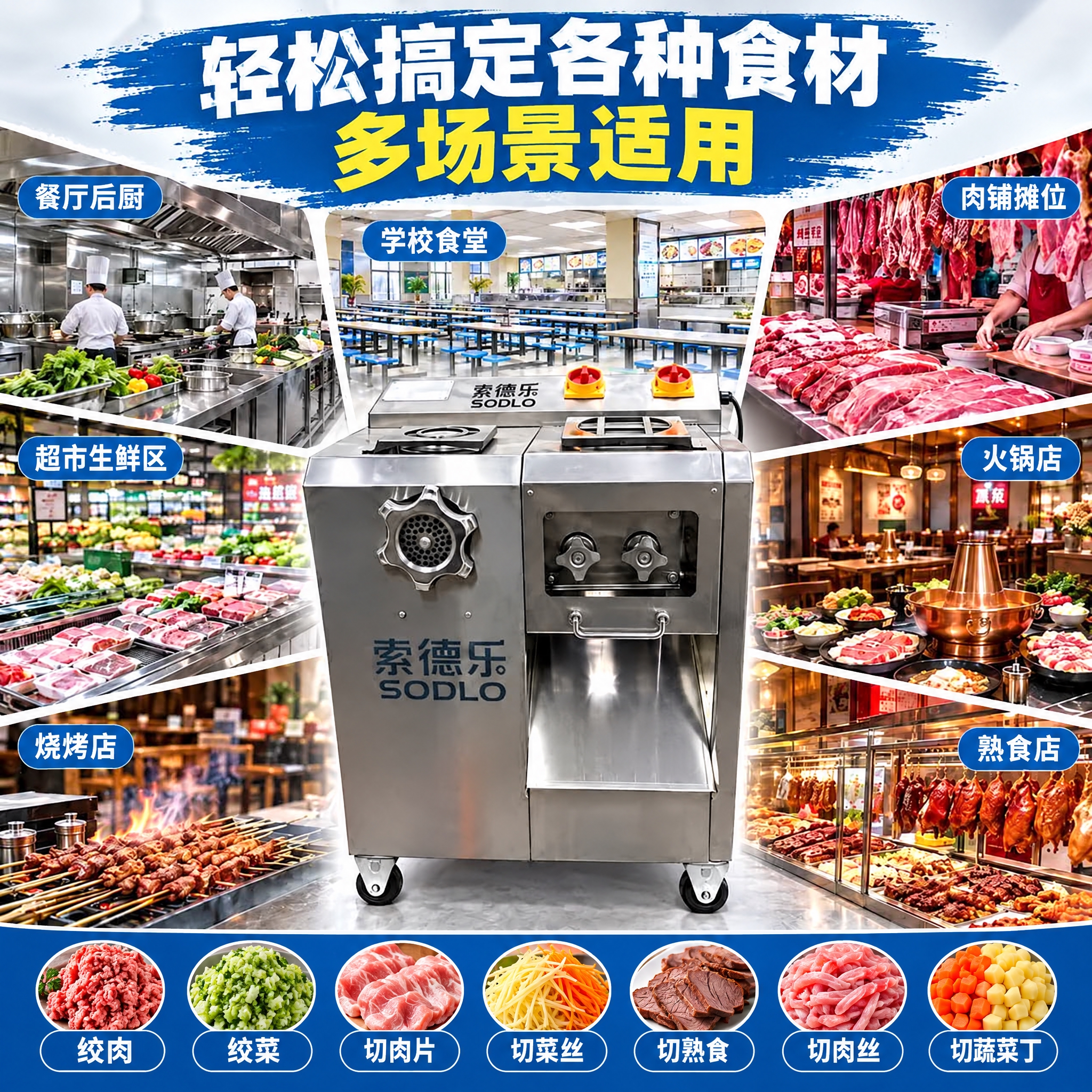 将图片最下方的蓝色图标栏（餐厅、食堂、肉铺、超市、火锅店、烧烤… - 图片创意预览