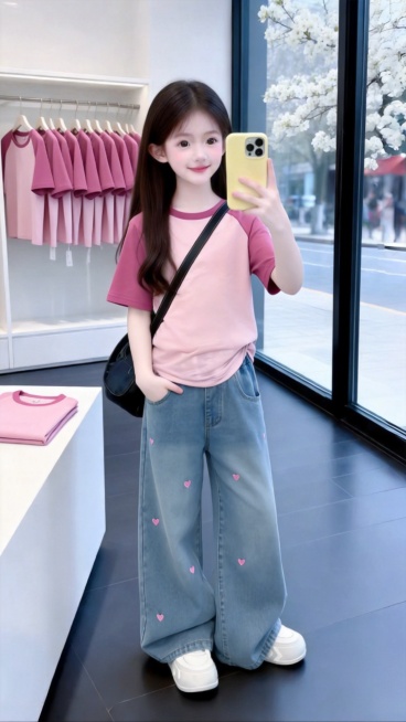 用图1短袖和牛仔裤替换掉图2的模特身上穿的衣服裤子和旁边桌子上折叠的衣服以及后防衣架上的衣服，保留原场景光影，保持图2的人物的五官和发饰不变，姿势不变，背景不变，图片宽高尺寸不变，保持图1的短袖和牛仔预览效果
