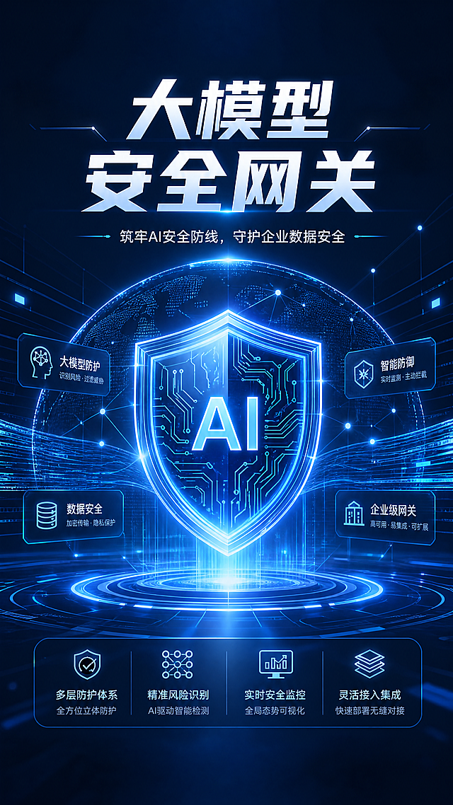 科技感海报，主题为大模型安全网关，深蓝色科技背景，带有数字盾牌和网络安全防护元素，主标题文字为“大模型安全网关”，副标题“筑牢AI安全防线，守护企业数据安全”，整体风格简洁专业，未来科技感，企业宣传海报，构图居中清晰