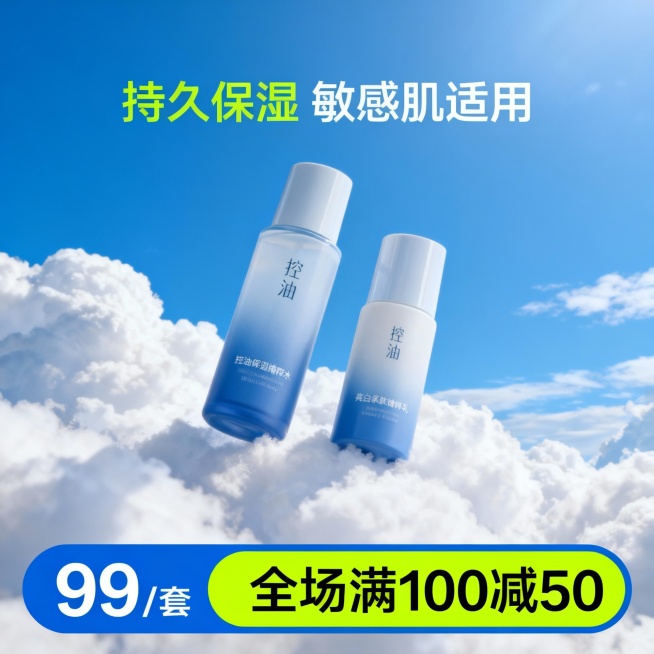 生成一张护肤品电商主图，商品悬浮在湛蓝天空的云朵上，商品亮点为“持久保湿 敏感肌适用”，下方为蓝+荧光绿配色的边框，展示文字“99/套”“全场满100减50”预览效果