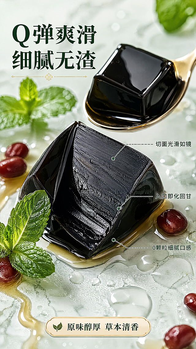 [第4张] 口感质地特写页-龟苓膏Q弹切面微距。本张使用【图5】作为产品主体参考。
[氛围/风格] 极致微距食欲感，Q弹抖动动态感，清爽水润，商业摄影质感。
[元素布局] 画面中心为一块被勺子切开的龟苓膏特写，占比约50%，切面光滑黑亮，边缘微微颤动的弧度表现Q弹；旁边勺子上还有一块完整的立方体形龟苓膏，膏体表面反光如镜；周围点缀薄荷叶、红豆、蜂蜜淋酱细丝；底部是浅色大理石纹理台面，有水珠散落。膏体质地、颜色与参考图一致。
[光影质感] 侧上方硬光突出切面光滑质感，膏体内部有通透光感，边缘高光清晰，底部有柔和投影。
[配色色系] 全局底色 #F0F7F0 浅薄荷绿；主色墨黑膏体；辅助色绿色叶片、红色红豆、金色蜂蜜。
[视角构图] 45°侧视微距特写，切面为视觉焦点，阅读动线：左上标题 → 中心膏体 → 右侧引线卖点。
[文字版式] 左上主标题「Q弹爽滑 细腻无渣」，宋体大字，深墨绿色；右侧三条引线标注卖点：「切面光滑如镜」「入口即化回甘」「0颗粒细腻口感」，引线从膏体不同位置引出，圆角黑体小字；底部一个胶囊标签「原味醇厚 草本清香」。文字不遮挡膏体切面主体。
[比例分辨率] 9:16 竖版比例，4K分辨率，文字清晰可辨，高清画质。
[负向提示词] 膏体变形，颜色发灰，水印，文字错乱，质感粗糙，背景杂乱。