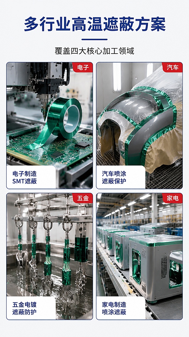[第7屏] 详情页行业应用四宫格 — 各类高温加工遮蔽场景。本屏使用【图1】绿色高温胶带融入各行业场景。
[氛围/风格] 简约工业风，多行业场景展示，专业覆盖面广的感觉。
[元素布局] 顶部标题区；下方2x2四宫格行业场景，每格一个工业场景，场景中均有绿色高温胶带在使用，胶带颜色材质与输入产品图一致：左上「电子制造业」（SMT生产线，PCB板贴绿色胶带），右上「汽车喷涂」（汽车零部件喷涂遮蔽，贴绿色高温胶带），左下「五金电镀」（电镀挂具和工件贴绿色胶带遮蔽），右下「家电制造」（家电外壳喷涂线，绿色胶带遮蔽保护）；背景浅灰白，每格有工业蓝细边框。
[光影质感] 每个场景有对应行业的工业照明，电子场景洁净明亮，汽车场景有烤漆房光感，电镀场景金属反光，家电场景流水线光感，整体专业真实。
[配色色系] 全局底色#F5F7FA（浅灰白）；主色#1E5AA8（工业蓝）；辅助色场景自然色+白色标签；点缀色#E53935红色角标。
[视角构图] 2x2四宫格等分布局，阅读动线从上到下、从左到右。
[文字版式] 顶部主标题「多行业高温遮蔽方案」工业蓝粗黑体；副标题「覆盖四大核心加工领域」深灰字；每格左下角白色标签条，分别标注「电子制造 SMT遮蔽」「汽车喷涂 遮蔽保护」「五金电镀 遮蔽防护」「家电制造 喷涂遮蔽」；每格右上角红色小角标写行业简称；文字短句化，清晰专业。
[比例分辨率] 9:16竖版比例，4K分辨率，文字清晰可辨，高清画质。
[负向提示词] 胶带变形，颜色偏差，水印，文字错乱，文字过小，场景杂乱，五金残留文字。