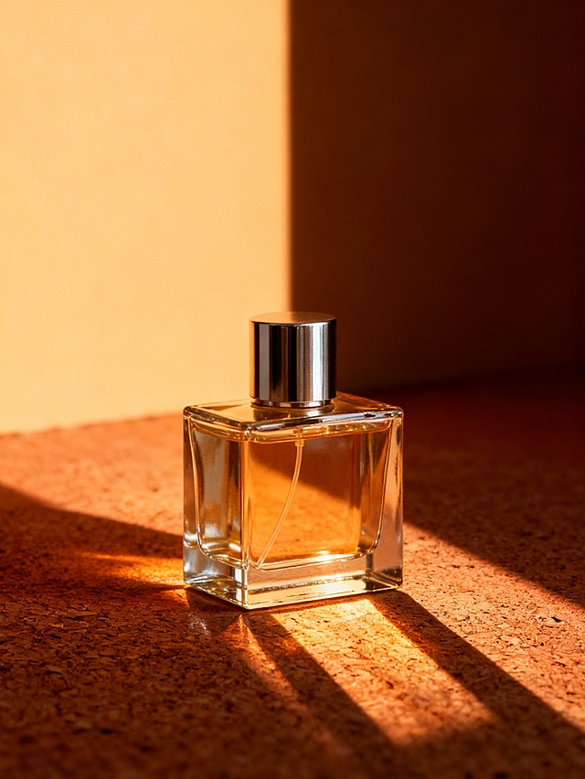 商业产品摄影，置于暖色的背景前，地面赤陶质感，背景和地面有明确的分割线，硬朗的几道定向灯光（光线来自左上，形成散射的高光，软木纹理表面投射出细长的锐利阴影）。高对比度，浓郁琥珀色调，瓶身光泽反射，极简构图。8K，超细节，电影感布光。