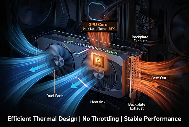 保持画面内容不变，调整为970*600像素尺寸，Thermal airflow diagram for NVIDIA RTX 3060, blue semi-transparent light strips representing cool air entering from dual fans, orange light strips representing heat being exhausted through the backplate, GPU core labeled "Max Load Temp: 65°C", dark background, flowing visual effects, text overlay: "Efficient Thermal Design | No Throttling | Stable Performance".