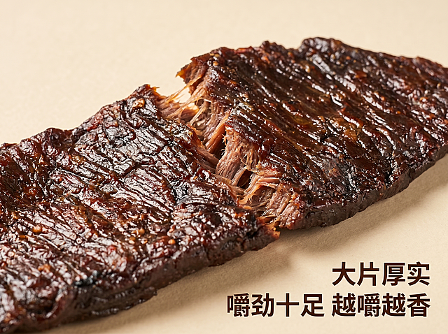 「图片1」上传一张碳烤原切大片牛肉干实拍图，一次性生成7张图：1张1:1正方形主图、1张4:3横版主图、4张4:3横版辅助图、1张1:1正方形白底图，适配抖音来客规范。整体暖调炭火美食风，干净有食欲，全图左上角预留品牌logo位。
1:1主图：居中呈现大片牛肉干，凸显厚实原切肌理，配字「内蒙碳烤原切大片牛肉干 · 炭火慢烤 · 肉香醇厚」，浅米白渐变背景聚焦产品。
4:3横版主图：炭火烤炉衬底，展现焦香紧实质感，配字「内蒙特色原切大片牛肉干 · 整块烤制 · 休闲解馋」，暖橙色调烘托烟火气息。
辅助图1（4:3横版）：特写烤制纹路与肉纤维，体现炭火现烤原汁原味，木质托盘简洁布景。
辅助图2（4:3横版）：手撕掰开展示内里肉质，标注「大片厚实，嚼劲十足，越嚼越香」，浅素底色干净大方。
辅助图3（4:3横版）：茶几休闲场景摆放搭配饮品，适配追剧聚餐下酒食用场景，生活化暖调氛围。
辅助图4（4:3横版）：融入草原元素，标注「内蒙本地食材，原切炭烤，新鲜出品」，排版清晰彰显产地品质。
1:1白底图：纯白无装饰无文字，高清完整呈现大片牛肉干外形肌理，边缘规整符合平台要求。
全部画面色调统一，元素简洁不杂乱，凸显内蒙原切炭烤肉干鲜香诱人质感。
