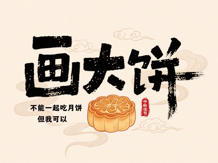小字“不能一起吃月饼 但我可以”，大字“画大饼”，文字布局紧凑，背景浅米色，中心搭配手绘月饼元素，点缀祥云纹理，红色印章中秋佳节预览效果