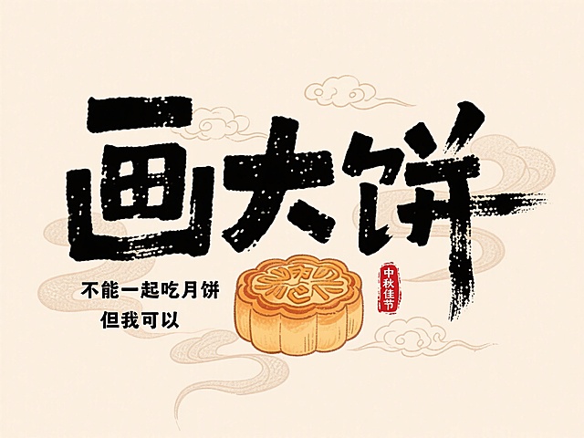 小字“不能一起吃月饼 但我可以”，大字“画大饼”，文字布局紧凑，背景浅米色，中心搭配手绘月饼元素，点缀祥云纹理，红色印章中秋佳节