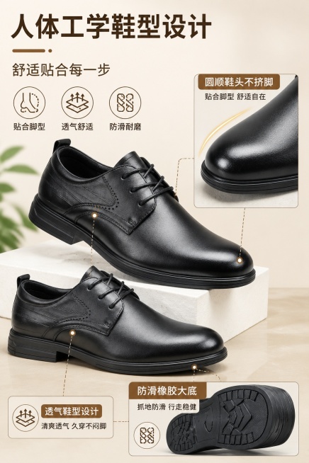[第3屏] 鞋型解析-黑色头层牛皮休闲皮鞋结构解析页。本屏使用【图4】+【图2】组合展示。
[标题版式]：顶部左侧标题，引线标注采用小号深色标签，背景留白突出主体。
[氛围/风格] 清晰专业结构解析，预览效果