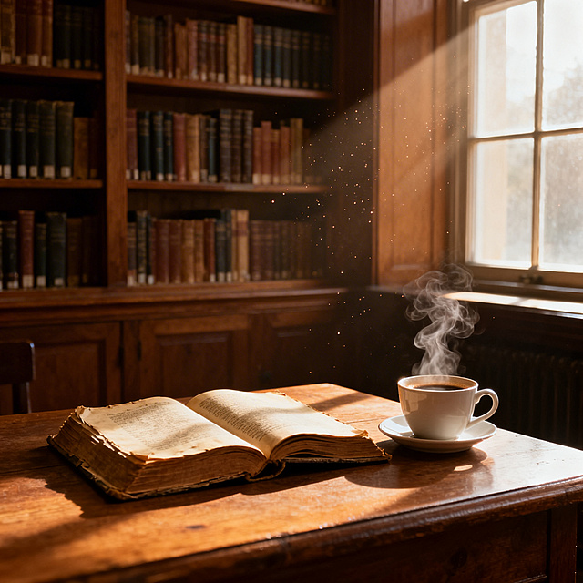 文艺风的图书馆桌面，原木质感的桌面，摆放着一本摊开的旧书和一杯冒着热气的咖啡，窗边斜射进温暖柔和的阳光，空气中漂浮着细小的灰尘颗粒，背景是一排高大的木质书架摆满书籍，整体氛围安静温馨，文艺治愈，色调温暖复古