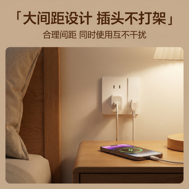 [主图 4] 施耐德博绎系列清雅白开关插排大间距优势展示图，参考详情页暖咖奶油风设计风格。
[氛围风格] 真实家居温馨风，整体风格光影统一
[画质] 商业摄影质感、光线柔和通透、产品清晰真实、画面干净预览效果
