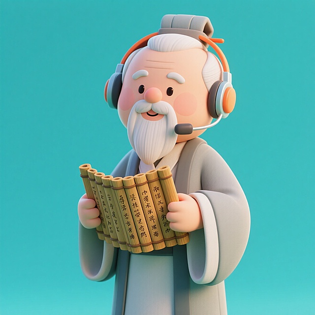 软3D风卡通老人，手持竹简，佩戴耳机，古典与现代融合，趣味横生。