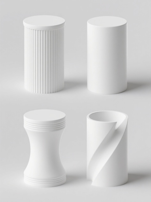 4个造型完全不同的白色圆柱元素，保持3D渲染风格，光滑表面质感，柔和高光与轻微阴影，纯净纯色背景，圆柱元素包含不同设计细节如凹槽纹理、顶部弧度变化、底部装饰线条、侧面几何切割等，系列素材集合规整排布，视觉平衡统一预览效果