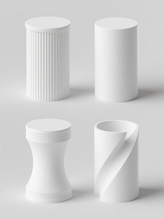 4个造型完全不同的白色圆柱元素，保持3D渲染风格，光滑表面质感，柔和高光与轻微阴影，纯净纯色背景，圆柱元素包含不同设计细节如凹槽纹理、顶部弧度变化、底部装饰线条、侧面几何切割等，系列素材集合规整排布，视觉平衡统一
