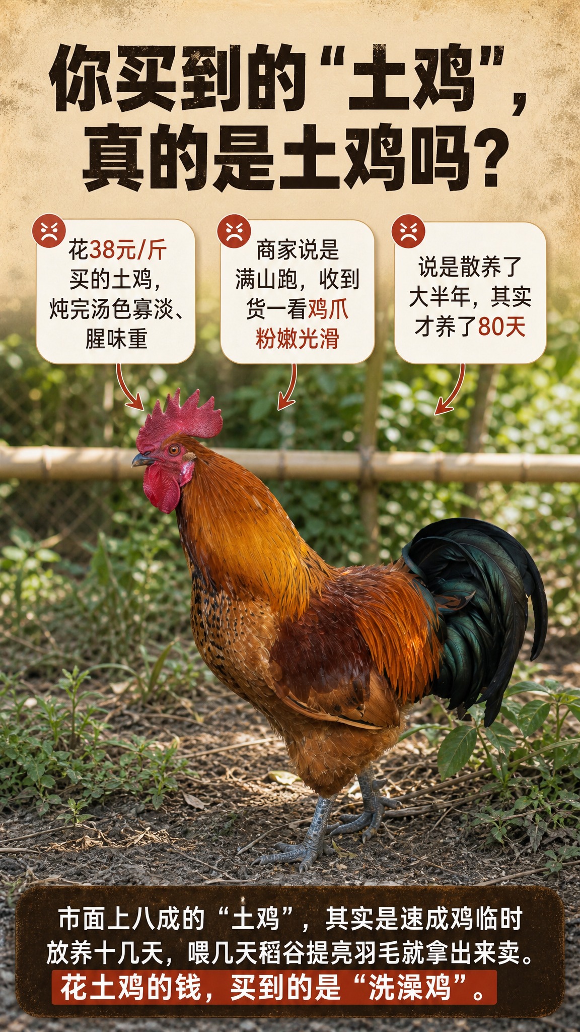 [商品] 使用【图1】竹围栏鸡群场景中的红棕色土公鸡作为产品主… - 图片创意预览