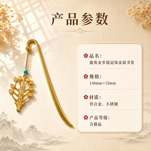 [主图-6重制] 产品参数图，背景更明亮，增加光影细节；金属书签颜色、形状、细节严格参考【图7】【图8】【图9】【图10】，鹿头朝下、弯钩在上方向，哑光金色质感，绿松石颜色，镂空叶片纹样，完全一致不得改变。
[统一基调] 整体风格=国风雅致写实商业摄影；背景主色=明亮浅米金；标题字色=深棕金；辅助字色=暖棕灰；强调色=朱砂红；字体样式=宋体衬线粗体；卡片/边框样式=细金色圆角边框、浅底信息卡。
[画面] 左侧放置书签实物图（斜向摆放，弯钩在上、鹿头吊饰在下，完整展示书签杆与吊饰），右侧为参数信息区域；背景为更明亮的浅米仿古宣纸质感，底部有淡墨山水纹样装饰，左上角有柔和窗格光影；产品占画面45%，左右布局均衡。
[光影质感] 均匀柔和自然光，哑光金色书签光泽真实，参数区域背景干净明亮，整体画面清晰工整。
[配色] 主色明亮浅米金，背景为宣纸纹理浅米色；强调色朱砂红用于参数项目符号；深棕文字清晰易读。
[文字版式] 顶部居中主标题「产品参数」；右侧参数区用圆角浅底信息卡承载，文字内容严格原样：品名：鹿角金步摇冠饰金属书签；规格：140mm×35mm；材质：锌合金、不锈钢；产品等级：合格品；每项前配朱砂红小花图标；所有文字横排，清晰工整无错别字。
[输出要求] 1:1正方形800×800px，2K分辨率，文字清晰可读，产品清晰锐利；书签颜色形状细节严格与参考图一致；避免变形、错字、模糊、杂乱、水印、平台Logo、冷蓝背景、产品结构失真、方向颠倒。