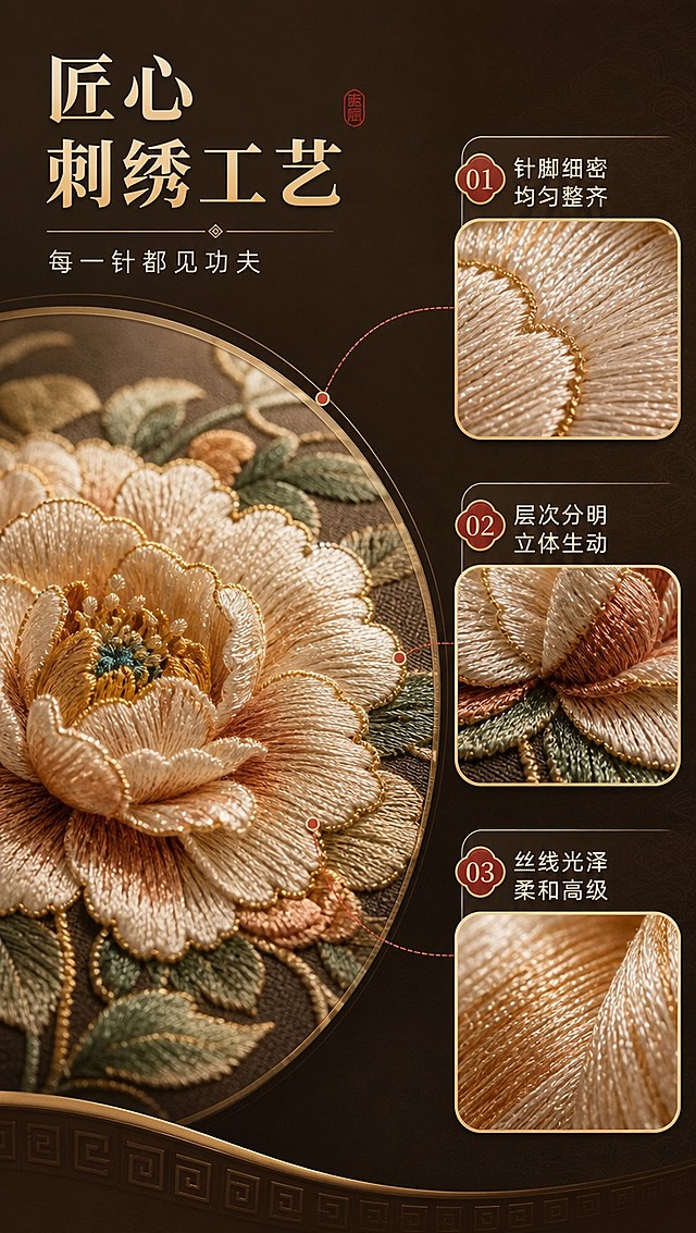 [商品] 使用【图6】刺绣细节展示图；保留刺绣针脚、丝线纹理、颜色层次、光泽质感；增强微距下的丝线光泽与针脚清晰度，不改变刺绣图案和工艺原貌。
[画面] 目标：刺绣工艺细节展示，用微距特写证明品质。构图：画面主体为大幅刺绣微距特写，占画面约70%；3个圆形/方形细节放大框分布于右侧或下方，分别用引线标注不同工艺细节；左侧或顶部为标题区；阅读动线从标题到主体再到细节标注。
[视觉] 套系策略：风格=新中式高端轻奢商业摄影；标题字=宋体衬线粗体（东方雅致）；正文字=现代无衬线体；主色=深咖+米金；背景延展=基于深咖米金做深浅层级、同色渐变和细腻宣纸/木纹质感；强调色=朱砂红，仅用于小面积图标、引线和标签点缀；标题色=米金色；正文色=浅米白；组件=圆角金边信息卡、细线引线、中式回纹装饰元素；光影=侧光突出丝线纹理与光泽立体感。
[文字] 主标题「匠心刺绣工艺」，副标题「每一针都见功夫」；3个细节标注：1.「针脚细密 均匀整齐」2.「层次分明 立体生动」3.「丝线光泽 柔和高级」；文字横排，引线清晰指向对应细节位置，不遮挡核心刺绣纹理。
[规格] 图片比例9:16竖版，4K分辨率，避免变形、错字、文字过小、冷蓝/冷灰背景、刺绣纹理模糊。