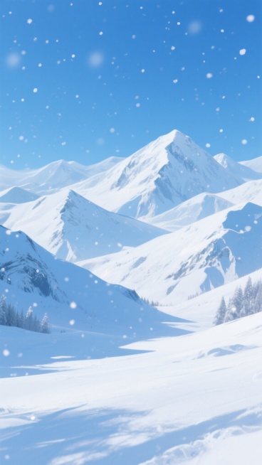 冬季雪景插画，连绵起伏的雪山被厚厚的白雪覆盖，山峰在蓝天的映衬下显得格外壮丽，天空中飘着细小的雪花，阳光洒在雪地上反射出耀眼的光芒，整个画面呈现出一种宁静而纯净的氛围，色彩以蓝白为主，营造出寒冷而美丽的冬日景象。预览效果
