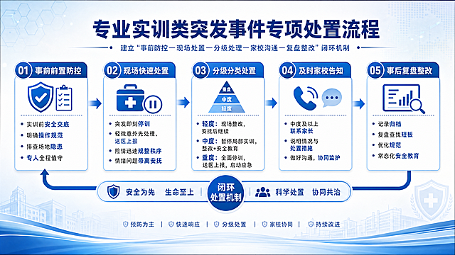 根据以下内容绘制专业实训类突发事件专项处置精简流程图，保持和最新版心理处置流程图一致的蓝白设计风格，包含五个核心环节，文字精简提炼，整体美观清晰大气：专业实训类突发事件专项处置流程，建立事前防控、现场处置、分级处理、家校沟通、复盘整改闭环处置机制。1.事前前置防控：实训前安全交底，明确操作规范，排查场地隐患，安排专人全程值守，源头规避事故。2.现场快速处置：突发状况即刻停训，轻微意外初步处理后送医上报，险情迅速规整秩序，情绪问题及时带离安抚。3.分级分类处置：轻度问题现场整改，安抚情绪后继续实训；中度问题暂停局部实训，整改规范，安全教育；重度问题全面停训，送医上报，启动应急机制处置。4.及时家校告知：中度及以上突发情况联系家长，说明情况与处置措施，做好沟通，协同监护。5.事后复盘整改：记录归档，复盘梳理短板，优化规范，常态化开展安全教育，杜绝同类事件复发。