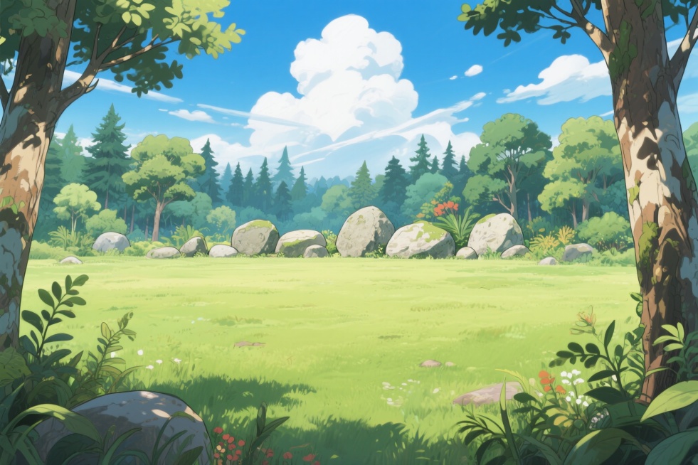 游戏插画风格的背景图，一片广袤的森林，正前方是一片草地，草地后方有大小不一的石头排序在一起，石头后面有原始森林，参杂植物和树木，有蓝天白云，树木细节丰富，树叶纹理清晰，树干有斑驳质感，天空有飘动的云朵预览效果