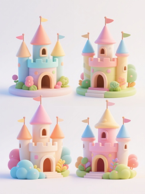4个不同配色、不同样式、不同外观的卡通风格城堡，保持圆润可爱的3D造型，每个城堡拥有独特颜色搭配的尖顶塔楼、装饰性旗帜和拱门，底部环绕着色彩各异的云朵状植物元素，城堡整体排列整齐，置于纯白色背景上，保持柔和渐变色彩、明亮光影效果和细腻光滑的材质质感，营造童话般的欢快氛围预览效果