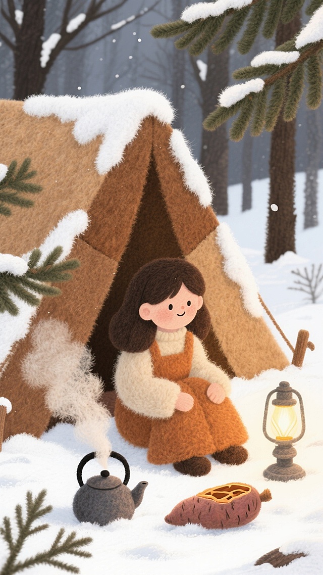 暖棕调雪林露营地，少女坐帐篷旁煮茶、烤红薯。铸铁壶冒热气，帐篷灯映着覆雪松枝