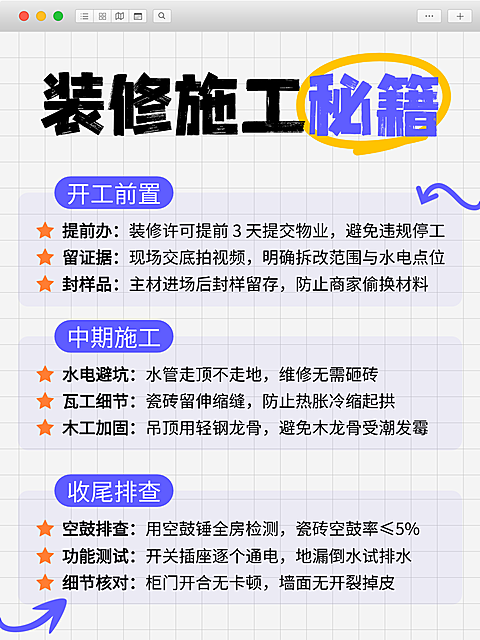 蓝色扁平装修施工秘籍知识分享小红书内页
