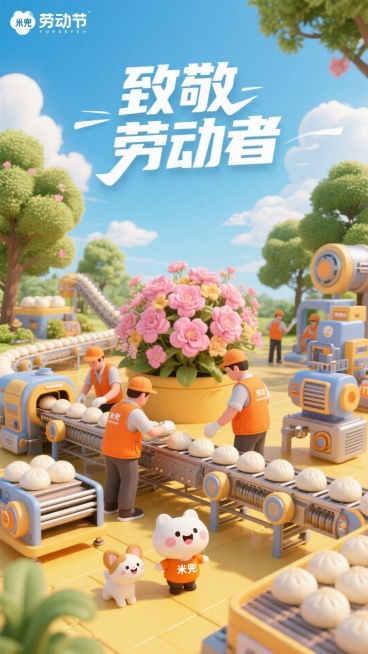 劳动节海报，大标题文字“致敬劳动者”，一呈现暖黄色调的科技卡通馒头流水线加工场景，里面有穿着橙色背心的工作人员，背心上写着“米兜”有蓝天白云、树木绿植，粉色调鲜花在中心，周围搭配鲜花、机械装置和可爱宠预览效果