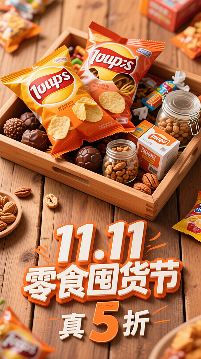 俯视视角拍原木色托盘，内随意堆薯片袋、巧克力球、坚果罐、奶糖盒，袋口微敞露少量零食。画面底部木色背景上，高创意艺术字 “11.11 零食囤货节”，手写小字 “真 5 折” 附下方，“5” 用大字强调。配色橙 + 木色，暖调显食欲，传递囤货氛围。