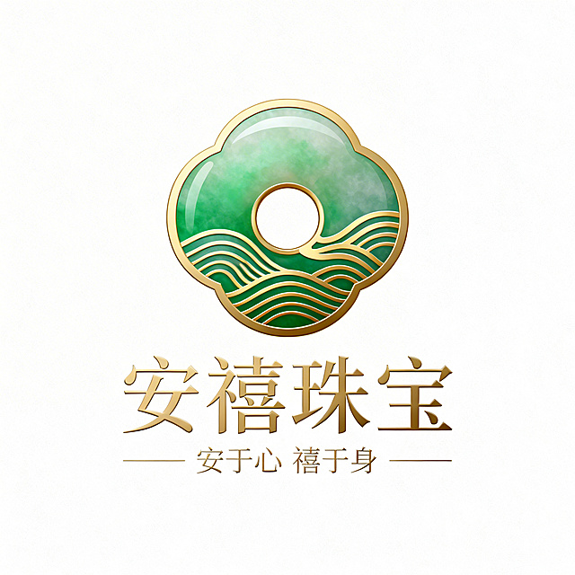 现代简约风格珠宝品牌LOGO，品牌名安禧珠宝，核心元素为平安扣形状的玉镶造型，参考传统翡翠绿金标志风格。主色为正阳绿渐变搭配亚光金，内部融入中式波浪水纹与玉扣轮廓结合的抽象流线型金纹。下方搭配新中式书法体的“安禧珠宝”字样，简约大气无衬线修饰，字体颜色为亚光金；最下方标注纤细无衬线体小字“安于心 禧于身”。整体轻奢现代，适配30-50岁中高端客群，平面化矢量图，无背景，高分辨率，可商用