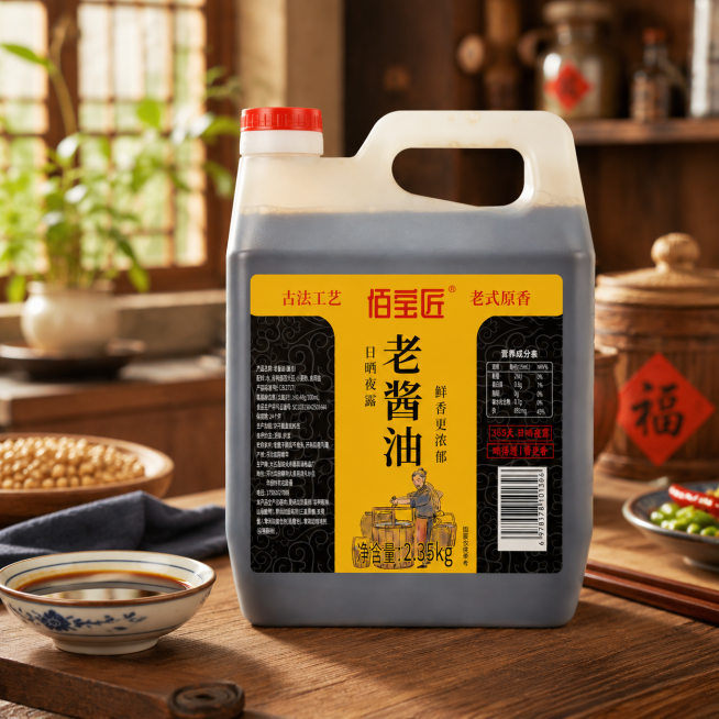 佰宝匠古法老酱油，家庭厨房场景主图，桶装酱油放置在中式实木厨房台面上，旁边搭配陶瓷酱碟，自然光氛围，高级温馨的美食电商主图风格预览效果