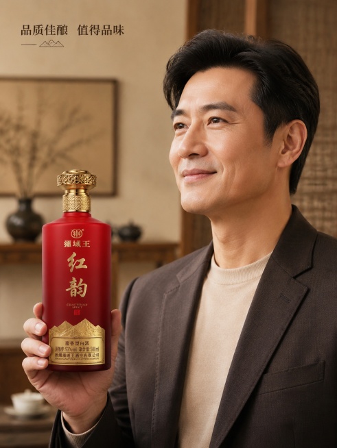 [第7屏] 模特场景展示，亚洲中年男性模特半身展示，手持疆域王红韵酒产品，呈现高端质感
[氛围/风格] 商务休闲生活场景，自然温馨氛围，高端商业摄影质感
[元素布局] 模特肩部以上侧脸入镜，左手持酒置预览效果