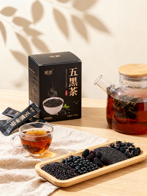 高端电商商业摄影作品，采用浅色背景与浅原木质桌面搭配亚麻布，营造温暖、健康的氛围。中心画面以 五黑茶产品（参考图片产品）为视觉核心，轻微右侧面展示包装细节，体现产品立体感。

前景布局（左侧）：
透明预览效果