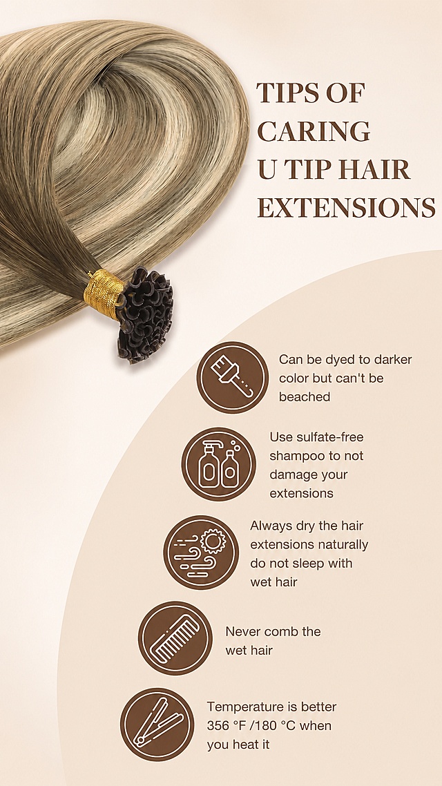 [第6屏] Caring Tips for U Tip Hair Extensions. 本屏参考【图6】左侧发丝产品，右侧六个图标带护理提示。
[氛围/风格] 温馨护理指南风格，简约干净，浅米色渐变色背景。
[元素布局] 左上区域放置卷曲U Tip产品展示，右下区域排列六个护理提示图标加文字，保留产品原有渐变发色。
[光影质感] 柔和侧光，发丝自然卷曲纹理清晰，图标清晰不模糊。
[配色色系] 背景从浅粉色渐变到浅米色，图标深棕色底白色线条，文字深棕色。
[视角构图] 左上产品右下信息，斜向分区构图。
[文字版式] 右上主标题 "Tips of Caring U Tip Hair Extensions"