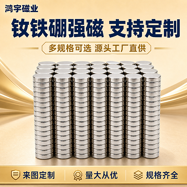[主图-1] 钕铁硼强磁 可定制 圆形磁铁，首图点击率型，突出支持定制和源头工厂专业感。
[统一基调] 蓝金工业品质风格，米金色渐变背景，深蓝色主标题，浅金色辅助标签和装饰线，粗黑体字体，源头工厂专业感，鸿宇磁业文字品牌名。
[画面] 画面中心主体为多排多列银色金属质感的圆形钕铁硼磁铁阵列，整齐堆叠成矩阵，45度俯视角度，展示圆形扁平结构和金属电镀光亮表面，产品占画面约65%。左上角放置"鸿宇磁业"文字品牌名，深蓝色粗黑体。主标题大字位于画面上方，写"钕铁硼强磁 支持定制"，深蓝色粗黑体。下方浅金色标签写"多规格可选 源头工厂直供"。底部浅金色服务条写"来图定制 量大从优 规格齐全"。整体构图饱满，产品阵列感强，体现多规格可定制。
[光影质感] 商业工业摄影质感，柔和侧上方主光，金属表面有干净的高光和反射，底部有自然的接触阴影，无悬浮感，产品立体感强，圆形边缘锐利清晰。
[配色] 米金色渐变背景（浅米金到深米金过渡），深蓝色主标题（#1a365d），浅金色辅助标签和装饰线（#d4af37），银色金属磁铁本体，整体蓝金配色高级统一。
[文字版式] 粗黑体字体，主标题最大最粗深蓝色，辅助文字缩小50%以上浅金色，文字放在负空间不遮挡产品主体，左上角品牌名，上方主标题，底部服务条。
[输出要求] 1:1正方形比例，2K分辨率，文字清晰锐利，产品清晰不变形，无水印无平台Logo无错字，禁止悬浮感，禁止变形，禁止杂乱背景。