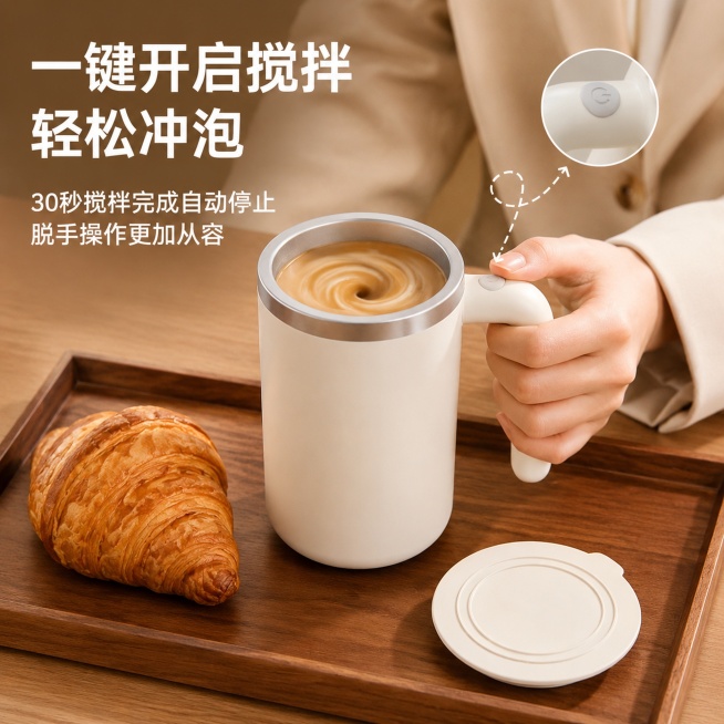 [单张主图] 商品为米白色一键自动搅拌咖啡杯，路线为真实使用场景爆款主图，适配1688平台，突出产品搅拌功能卖点。
[参考比对] 参考图采用左上角大标题+主体产品+右上角细节放大标注+早餐道具的版式，预览效果