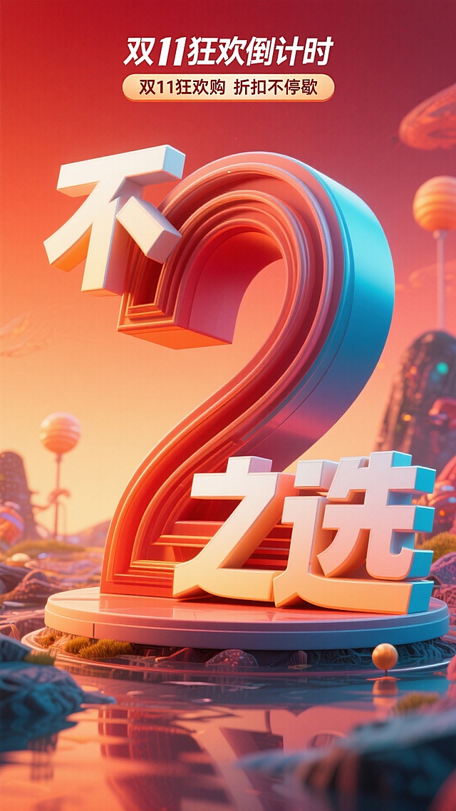 背景为红橙渐变，色彩明艳，有促销氛围感。画面右侧是一个立体的、带有长投影效果的数字 “2”。数字左上角有 “不” 文字。数字右下方是与地面平行、右后侧倾斜、立体的 “之选” 文字，同样有渐变。顶部设置 “双11狂欢倒计时” 标签，搭配 “双11狂欢购 折扣不停歇 ”文字