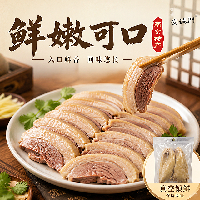 [主图-3] 细节与口感 盐水鸭食用场景与肉质细节主题。
[统一基调] 国潮食欲风 暖黄米白渐变背景 深棕书法大字主标题 朱红印章点缀 浅金辅助字 粗笔刷书法标题字体 细黑体说明文字 整体专业品质感。
[画面] 切好的盐水鸭片整齐摆放在中式白瓷盘中 占画面中心约60% 鸭片薄厚均匀 皮白肉红 纹理清晰 旁边放一双竹筷夹起一片鸭肉 展示肉质弹性 盘子周围点缀少许香菜与姜片 背景为木质餐桌与模糊的中式窗格 上方主标题鲜嫩可口四字 下方小字写入口鲜香 回味悠长 右下角小图展示真空包装形态。
[光影质感] 自然餐桌暖光 俯拍45度视角 鸭片表面有轻微油光 肉质纤维清晰 瓷盘有柔和反光 真实美食摄影质感 食欲感强。
[配色] 背景暖木色与米白融合 主标题深棕色 瓷盘纯白 鸭肉浅褐与淡红相间 竹筷原色 整体暖色调。
[文字版式] 上方横排主标题鲜嫩可口 粗笔刷书法体 字号最大 主标题下方一行辅助说明 右下角真空包装小图配标注真空锁鲜 保持风味 文字均放在负空间 不遮挡食物主体。
[输出要求] 1:1正方形 2K分辨率 文字清晰 鸭片细节清晰 食欲感强 禁止变形 错字 模糊 水印 平台Logo 禁止极限词与禁用词。