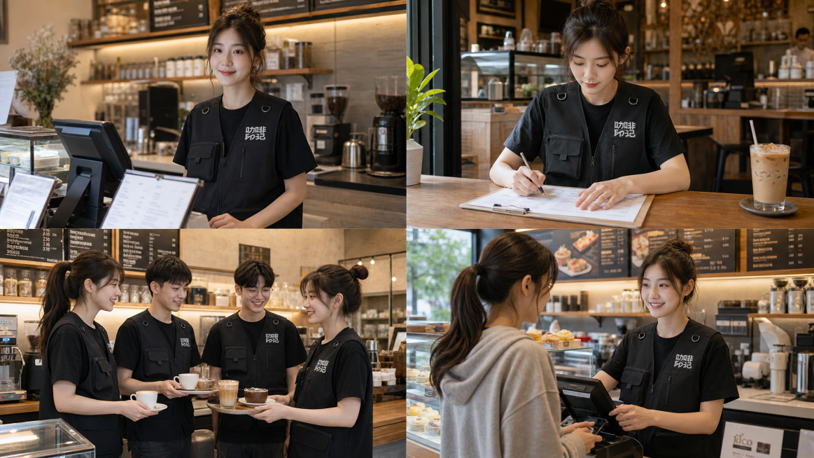 将4张买家秀图片拼在一张图中，背景为高档咖啡店，模特是咖啡店服务员，都穿着图中的黑色工装马甲，衣服领子袖口扣子细节和产品图完全一致，马甲上印有'咖啡印记'文字。包含两张单人照片、两张群体照片，模特为甜预览效果