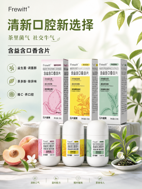 宣传单页海报设计，风格高级简约，清新干净不花哨，整体画面整洁简约，版式精美。
主标题文字："清新口腔新选择"
副标题文字："茶里菌气 社交牛气"
品牌产品文字："含益含口香含片"
卖点文字："益生菌·预览效果