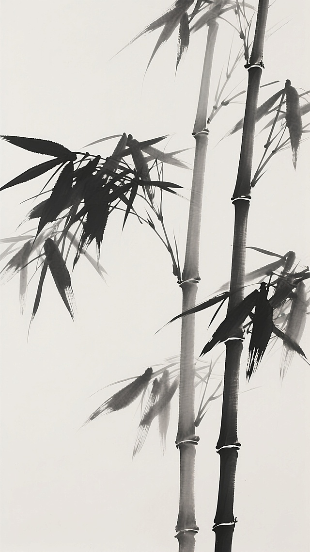 新中式水墨风格，水墨写意技法绘制的竹子，竹竿挺拔，竹叶舒展，墨色浓淡相宜，笔触流畅自然，留白意境悠远，整体呈现淡雅、高洁、宁静的东方美学氛围，画面简洁而富有韵味，展现竹子的坚韧与风骨。