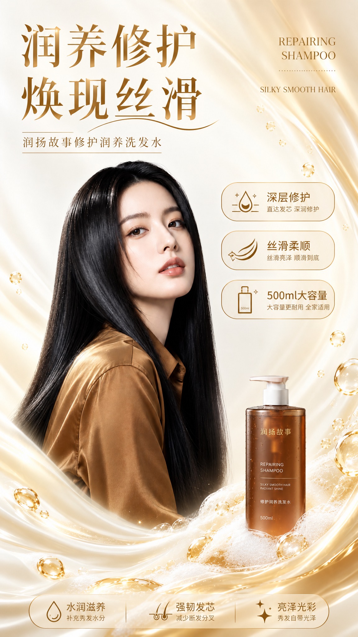 在原图基础上设计高端洗发水营销海报，保留原图中的模特、洗发水瓶… - 图片创意预览