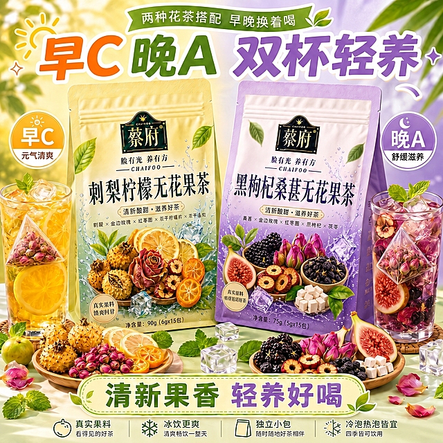 [单张主图] 蔡府早C晚A组合花果茶 爆款促销感主图，按照参考图的版式、构图和配色重新生成。
[参考比对] 参考图采用顶部大标题+双主体产品+两侧冰饮+底部卖点条的促销版式，大标题使用撞色粗体，产品居中并排摆放，两侧搭配泡好的冰饮玻璃杯，前方木盘展示真实原料，底部通栏放四个卖点图标；本次生成需要完整保留这个版式结构和配色逻辑。
[画面主体] 两款蔡府花果茶包装袋居中并排展示，刺梨柠檬无花果茶包装在左，保持原包装浅黄色；黑枸杞桑葚无花果茶包装在右，保持原包装浅紫色。保持两款产品外观、颜色、包装文字、品牌Logo与输入产品图完全一致，杜绝任何变形、色差和文字错乱。商品主体占画面约55%，完整不裁切。
[构图版式] 顶部大标题，中间双产品+两侧冰饮，前方原料展示，底部卖点信息条，整体满铺无框，信息分组清晰。
[场景元素] 背景为渐变浅黄绿色，左上角点缀太阳装饰，右上角和背景点缀绿色叶子，阳光感清新自然。左右两侧各放一杯冰镇泡好的果茶：左侧为透亮黄色刺梨柠檬茶，加冰块柠檬片，右侧为透亮紫黑色黑枸杞桑葚茶，加冰块无花果片，杯壁带冷凝水珠，突出冰饮清爽感。两款产品前方木盘摆放对应真实新鲜原料：左盘放刺梨、玫瑰、柠檬片；右盘放桑葚、黑枸杞、无花果块、茯苓块，周围散落透明冰块和玫瑰花瓣，强化新鲜真实食欲感。
[文案版式] 顶部绿色飘带文案 "两种花茶搭配 早晚换着喝"；超大撞色粗体主标题 "早C晚A 双杯轻养"，早C为橙色、晚A为绿色、双杯轻养为紫色。左侧圆形标签：橙色底白字 "早C 元气清爽"，右侧圆形标签：紫色底白字 "晚A 舒缓滋养"。底部浅黄色通栏大标题 "清新果香 轻养好喝"，绿色粗体字。最底部四个图标卖点：从左到右 「真实果料 看得见的好茶」、「冰饮更爽 清爽畅饮一整天」、「独立小包 随时随地好茶相伴」、「冷泡热泡皆宜 四季皆可饮用」，每个卖点配对应线稿图标。左上角保留蔡府品牌Logo，产品包装自带文案和净含量完整保留。
[光影质感] 自然暖阳光线，通透清晰，水果和冰块带有高光，突出食欲感，商业摄影高清质感，景深适中。
[配色字体] 主色调浅黄绿清新背景，搭配产品黄紫撞色，橙色绿色紫色点缀，色彩明快丰富有食欲。字体使用粗无衬线，大标题最大最粗，标签文字次之，卖点文字最小，对比强烈清晰易读。
[比例分辨率] 1:1 比例，2K分辨率，文字清晰可辨。
[负向提示词] 变形，水印，文字错乱，产品模糊，背景杂乱，遮挡主体，错字，伪Logo，颜色偏差