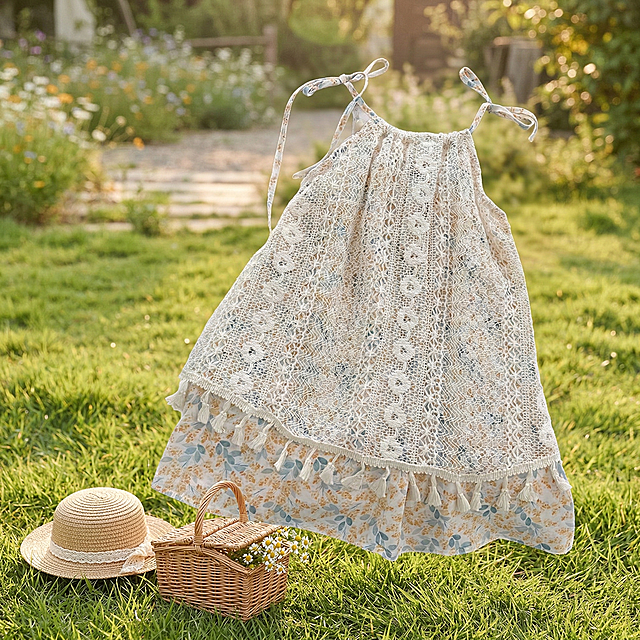 童装场景展示图，米白色蕾丝碎花吊带女童连衣裙，场景为夏日户外草坪，阳光柔和，旁边摆放小遮阳帽和藤编小篮子，氛围清新治愈，突出裙子的夏日穿搭适配性，整体色调温暖明亮，1:1比例