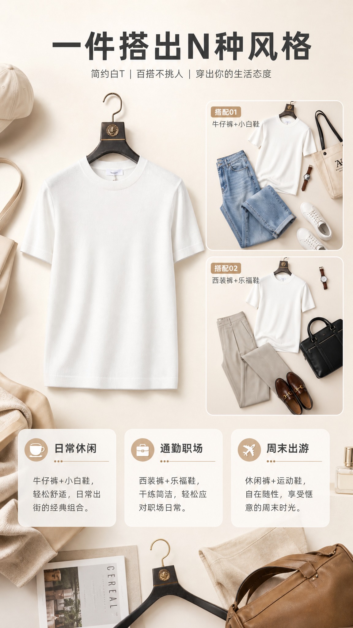 [商品] 使用【图1】白色圆领针织短袖T恤；商品处理：保留圆领… - 图片创意预览