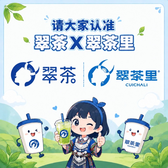 将画面中间小女孩的蓝色围裙服饰替换为传统苗族服饰，保留小女孩的卡通可爱形象、发型和面部表情不变，保留原有画面构图、两个logo位置、标题文字和卡通奶茶形象不变，只修改小女孩服饰为苗族特色服装，保留整体预览效果