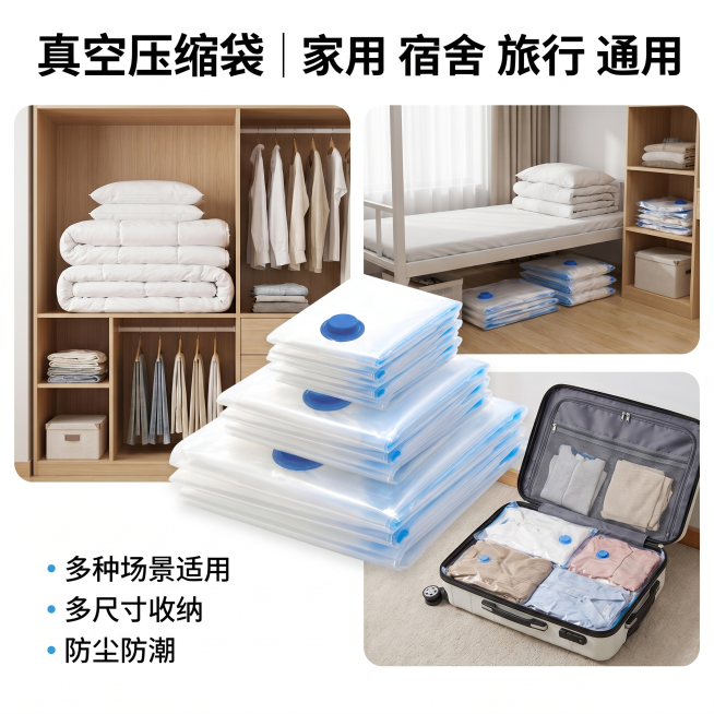 真空压缩袋电商主图，突出卖点：家用宿舍旅行通用，多种场景适用，展示产品多尺寸，文字卖点清晰，简约干净电商风格预览效果