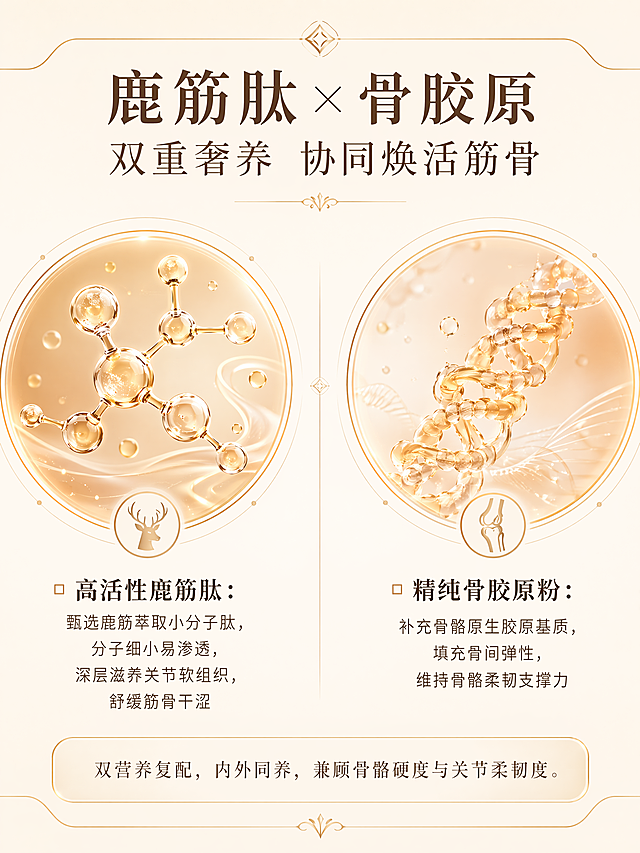 [第6屏] 核心配方页-秒丹鹿筋肽骨胶原闪释片双原料解析模块。
[氛围/风格] 对称轻奢排版，高端生物科技风，低饱和橙金配色，干净极简，大面积留白。
[元素布局] 顶部放置板块标题，下方左右对称分为两个橙金渐变圆形区块，每个区块内放置简约的分子结构生物插画，分别对应鹿筋肽和骨胶原，每个原料搭配介绍文案，整体构图对称规整，鎏金细线条做轮廓修饰。
[光影质感] 整体柔光均匀，圆形区块保持自然渐变光影，画面通透干净。
[配色色系] 背景米白色，主色橙金渐变圆形，鎏金轮廓线条，文字深棕，低饱和色调统一高级。
[视角构图] 对称左右分栏构图，标题在上，双原料在下，平衡稳定，阅读动线清晰。
[文字版式] 顶部板块标题：鹿筋肽 × 骨胶原 双重奢养 协同焕活筋骨，左侧：▫️高活性鹿筋肽：甄选鹿筋萃取小分子肽，分子细小易渗透，深层滋养关节软组织，舒缓筋骨干涩，右侧：▫️精纯骨胶原粉：补充骨骼原生胶原基质，填充骨间弹性，维持骨骼柔韧支撑力，底部收尾：双营养复配，内外同养，兼顾骨骼硬度与关节柔韧度。字体统一，文字排版清晰，不遮挡插画主体。
[比例分辨率] 宽度 750px，高度 1000px，3:4 竖版比例，4K分辨率，文字清晰可辨，高清画质。
[负向提示词] 构图不对称，背景杂乱，文字错乱，色彩鲜艳，文字过小。