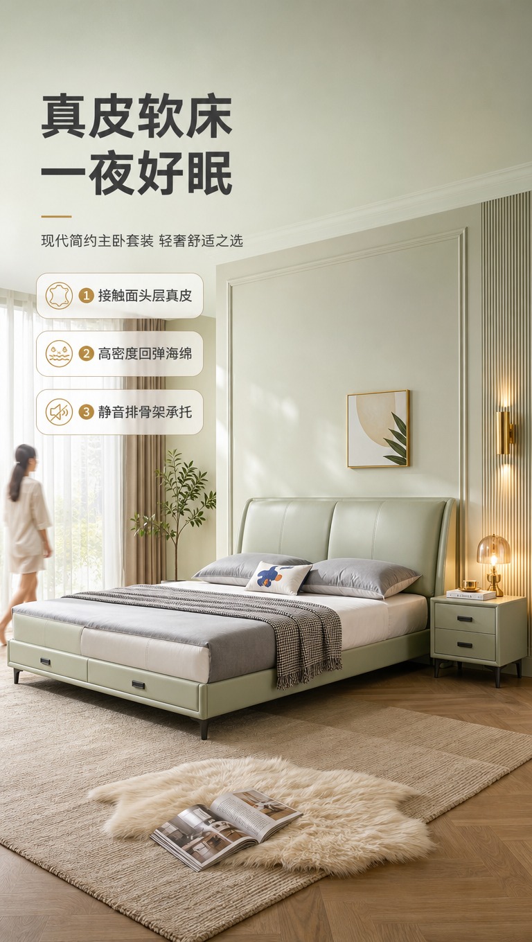 [商品] 使用【图1】浅绿色真皮软包双人床和【图2】同色系双抽… - 图片创意预览