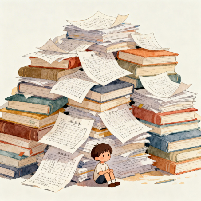 卡通风格插画，书本和试卷堆积成高高的小山，孩子坐在书堆前身形显得渺小，整体色彩柔和，唯美不压抑，用轻松的美术风格表现学习压力，暖调柔和色彩预览效果